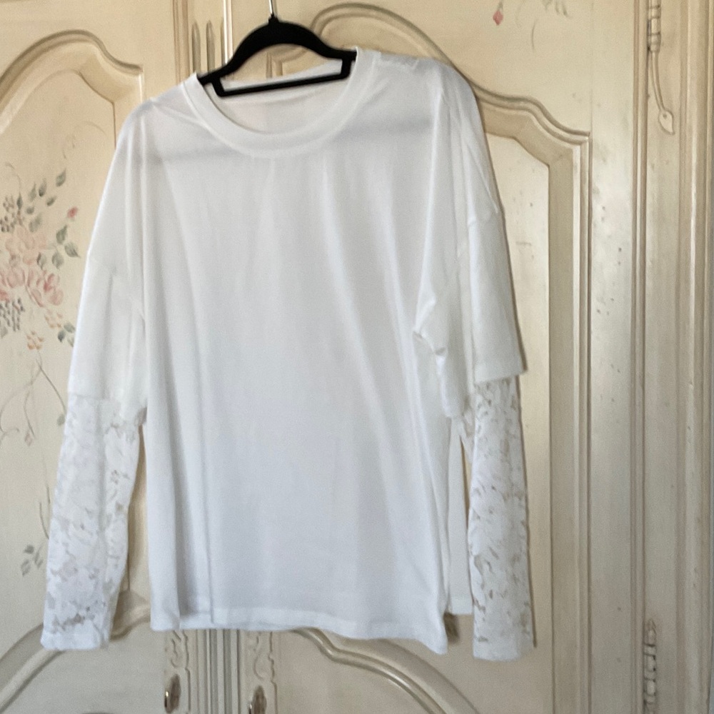 White Long Sleeve Tee with Lace Sleeve Panels